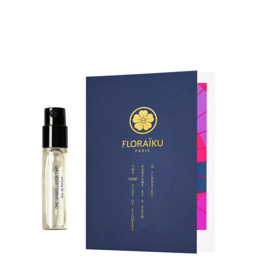 Floraiku Paris perfume bottle and packaging on a white background. One Umbrella For Two - Luxury gourmand perfume with blackcurrant, genmaicha tea & cedarwood - Japanese-inspired fragrance at HERA Nairobi
